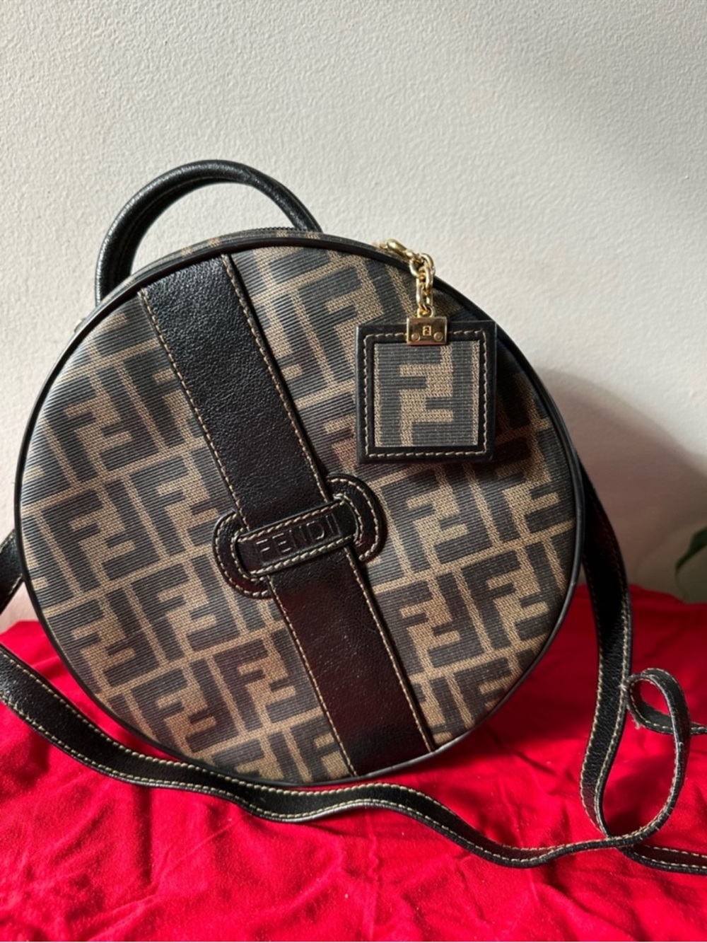 Fendi Brown and Black Monogram Round Crossbody Bag with Keychain Charm
